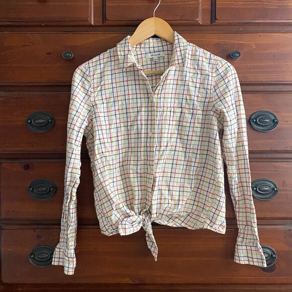 Madewell multi colored tattersall/windowpane tie front buttondown shirt - Picture 2 of 3